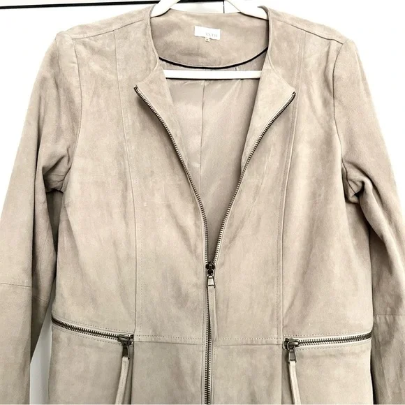 Beige Suede Moto Jacket Minimalist Biker Peplum Spring Weight Cream Size Medium - Picture 11 of 16